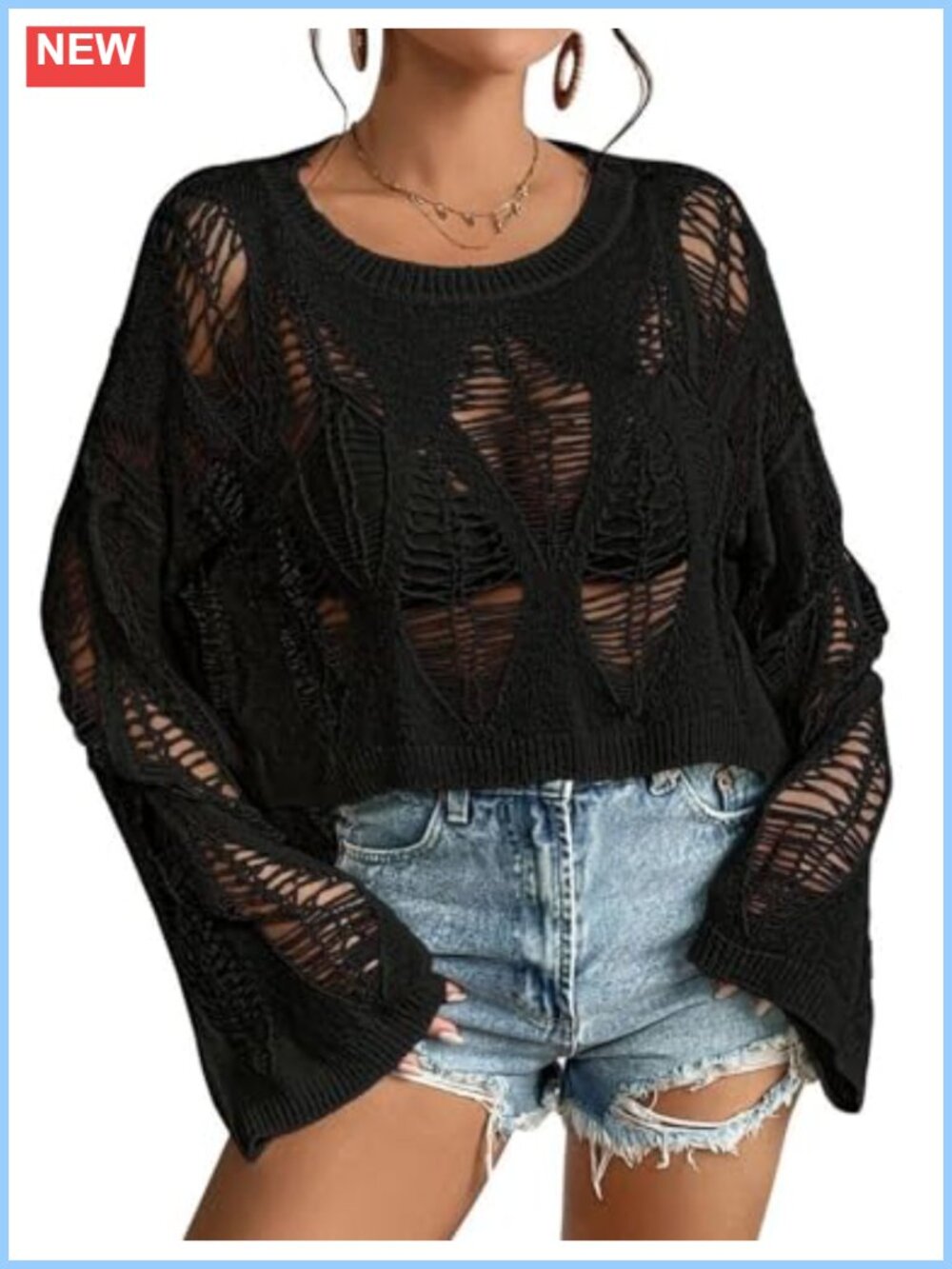 Gothic Oversized Crop Sweater Long Bell Sleeve Punk Knit Pullover Womens